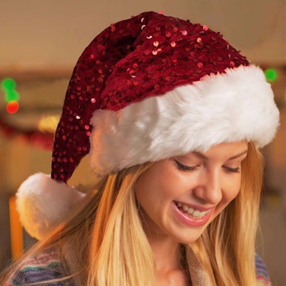 Cozy Red Sequin Fuzzy Festive Holiday Christmas Santa Hat